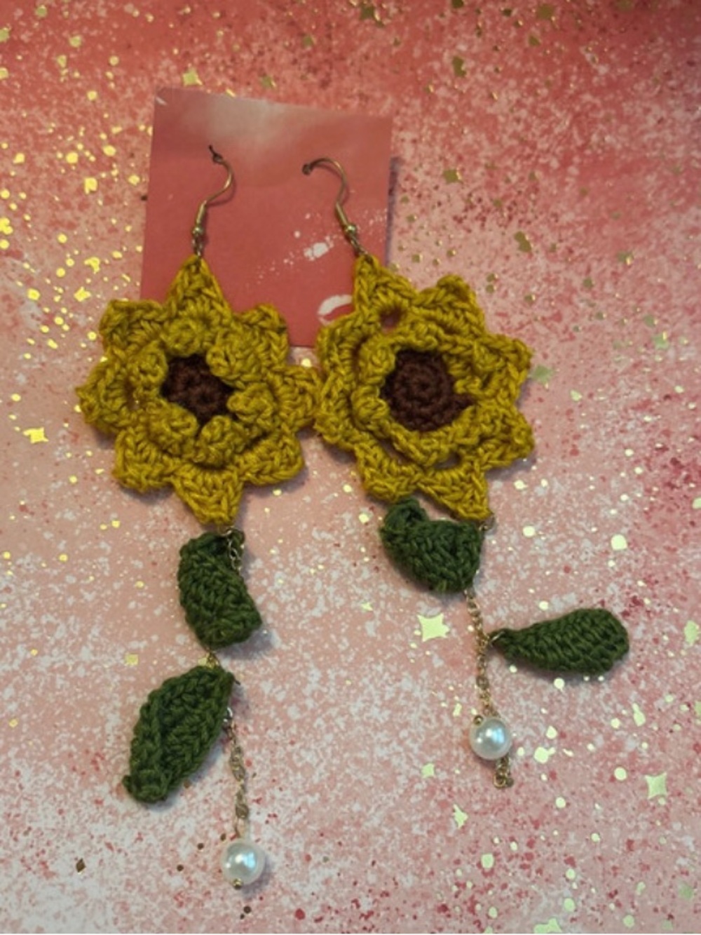 Handmade Crochet Sunflower Dangle Earrings Pearl Drops cottagecore Fairy core